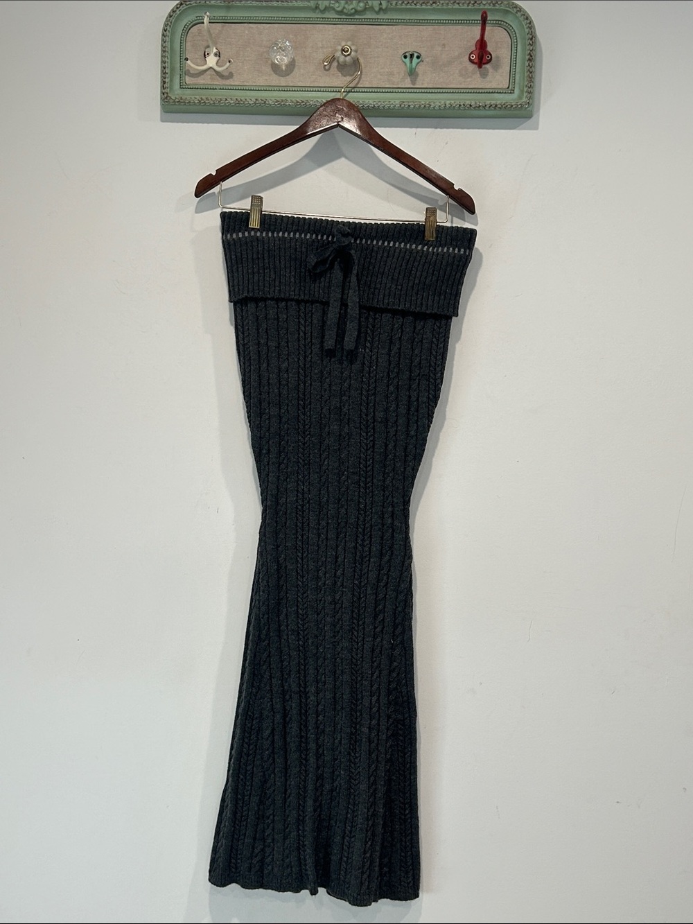 Dolls Kill charcoal grey Ribbed Cable-Knit Maxi Skirt with Drawstring fold over
